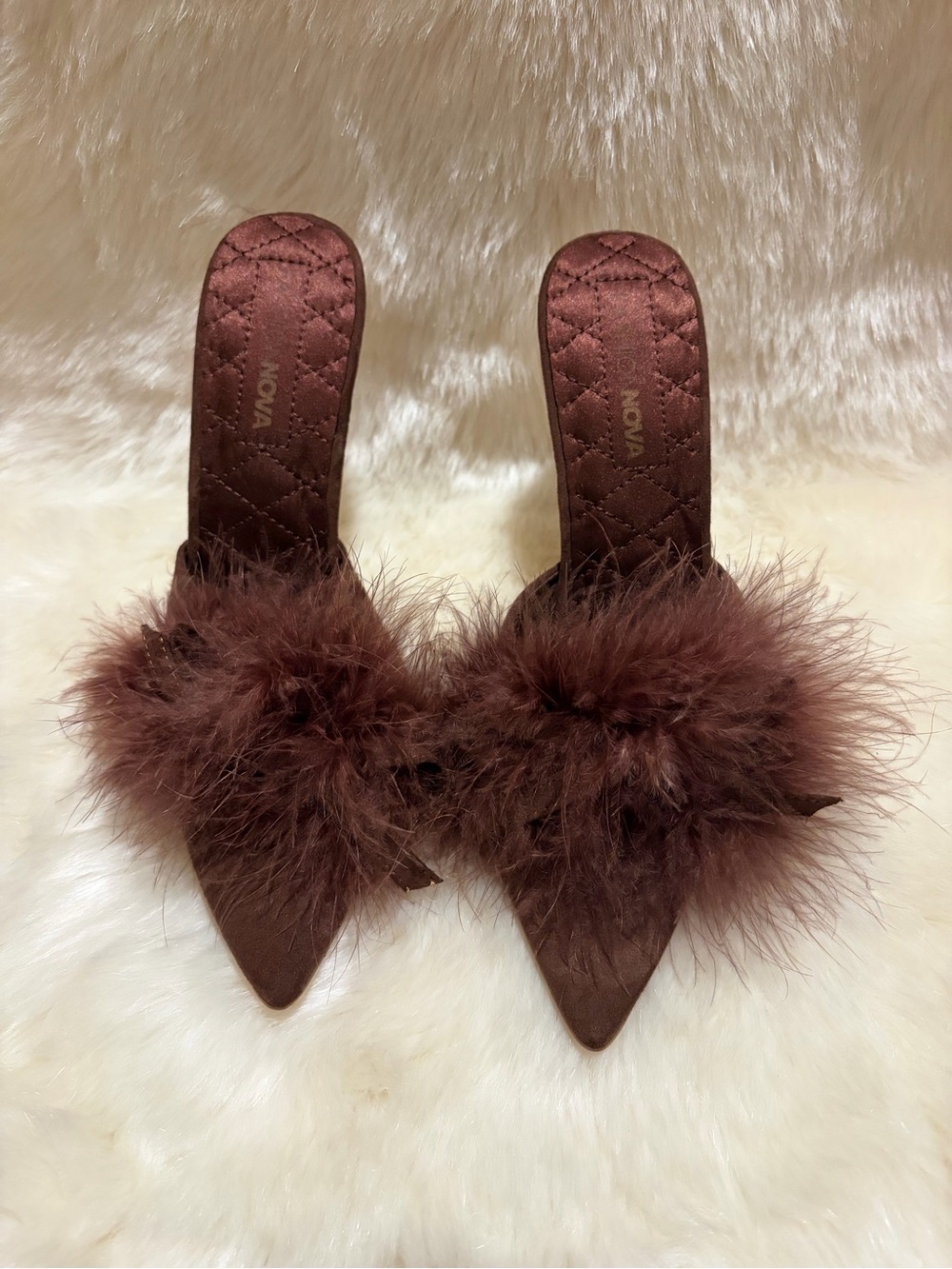 Fashion Nova Brown Marabou Pointed Toe Mules